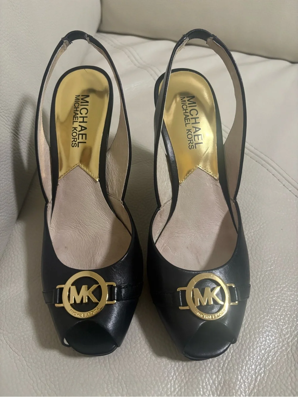 Michael Kors Black Leather Slingback Peep-Toe Heels with Gold MK Logo Size 5.5